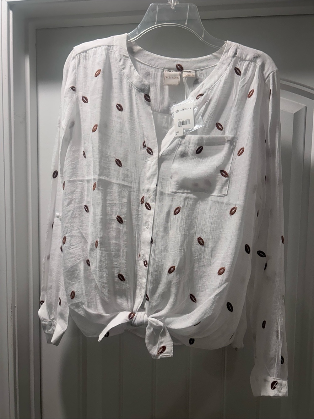 Versona White Button-Front Tie-Hem Blouse with Brown Embroidery